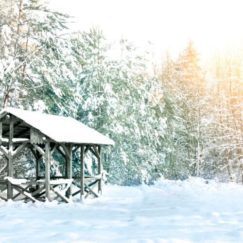 wooden house covered with snow scaled