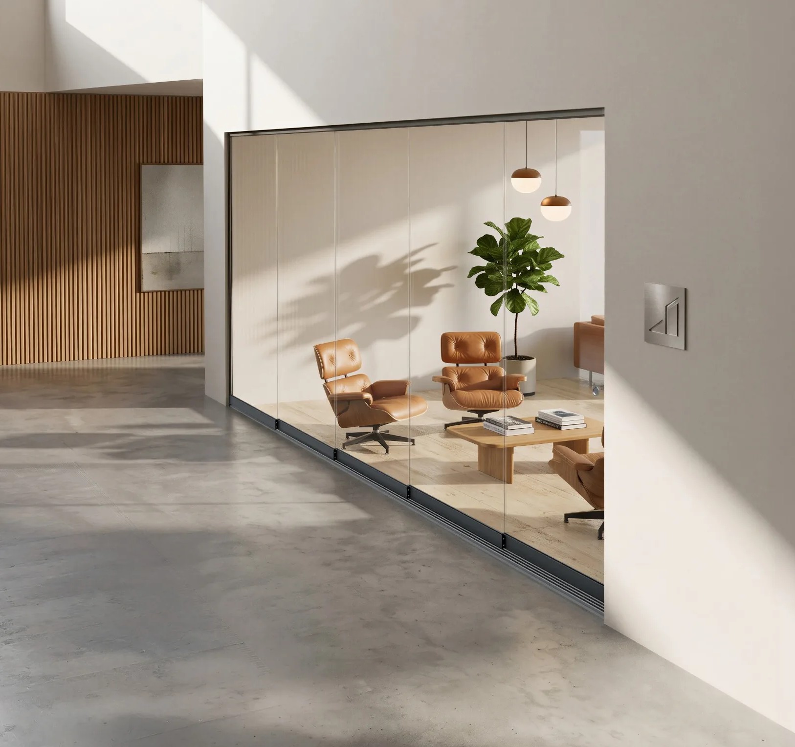 VG Ezie all-glass sliding wall as an elegant room divider in a modern lobby