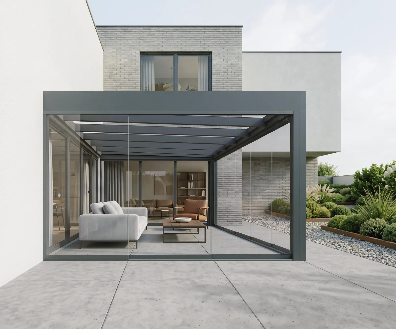 VG Ezie as transparent glazing beneath a patio roof
