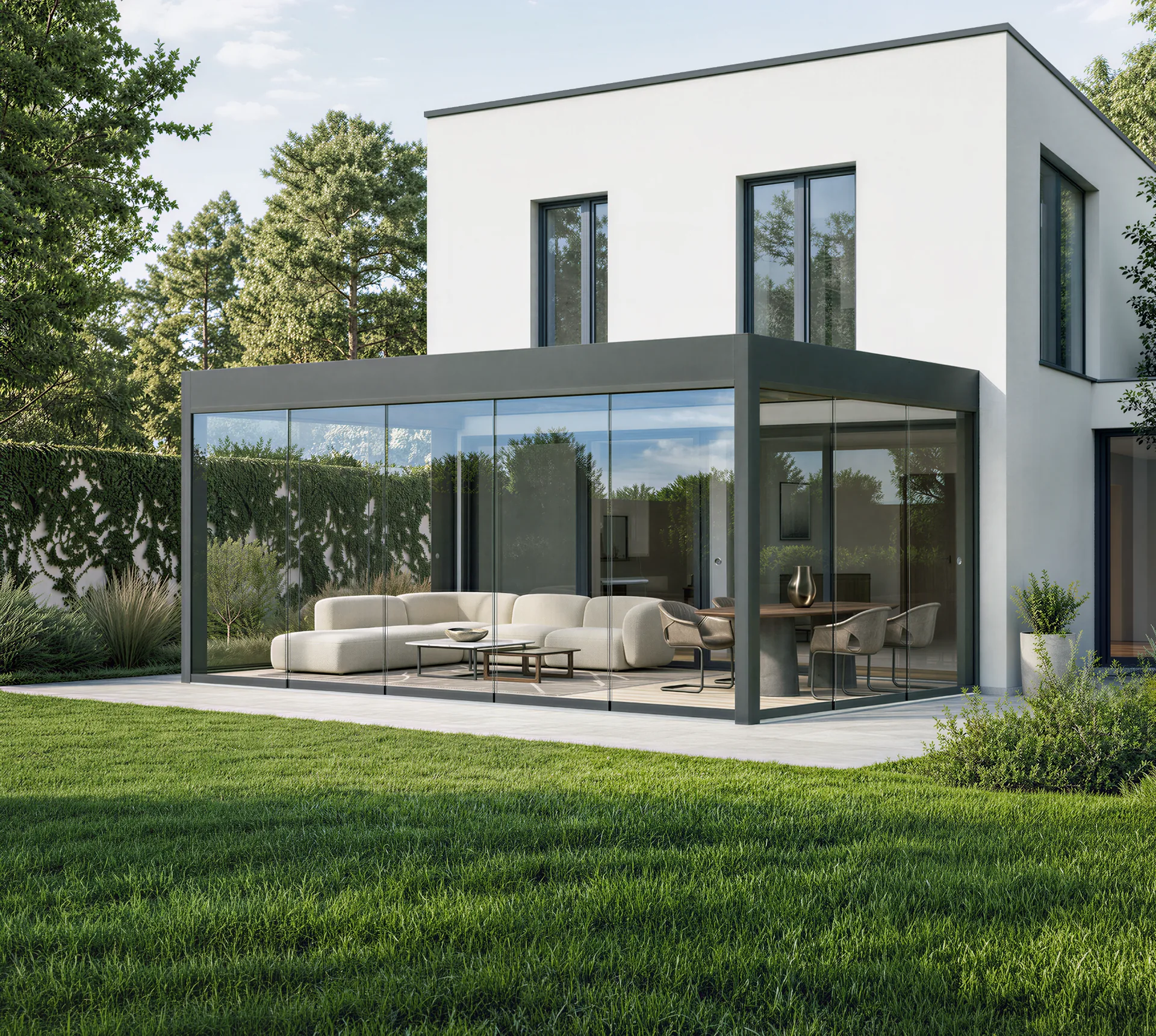 VG Ezie all-glass sliding wall combined with a modern patio roof