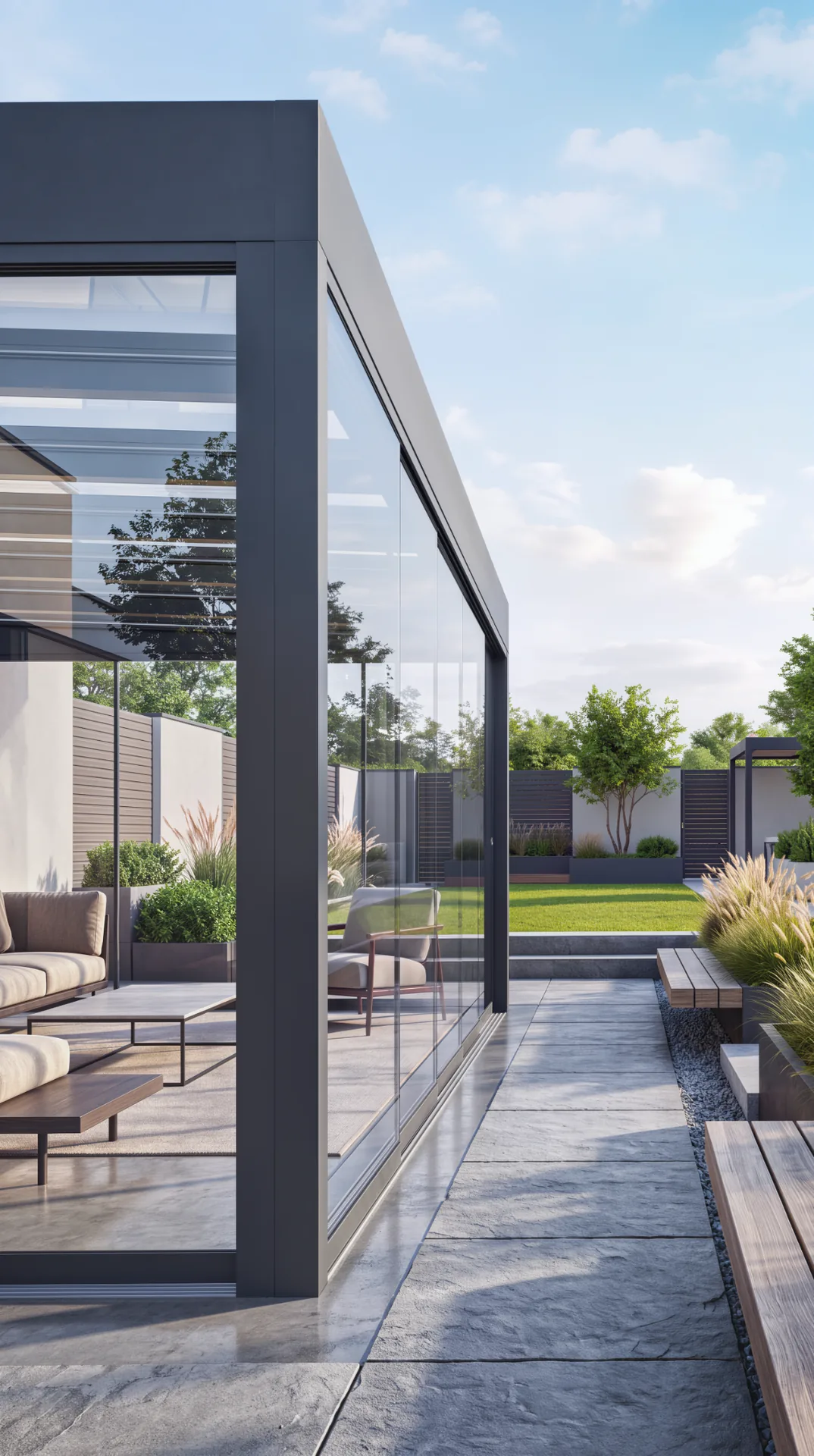 VG Ezie all-glass sliding wall with an unobstructed garden view