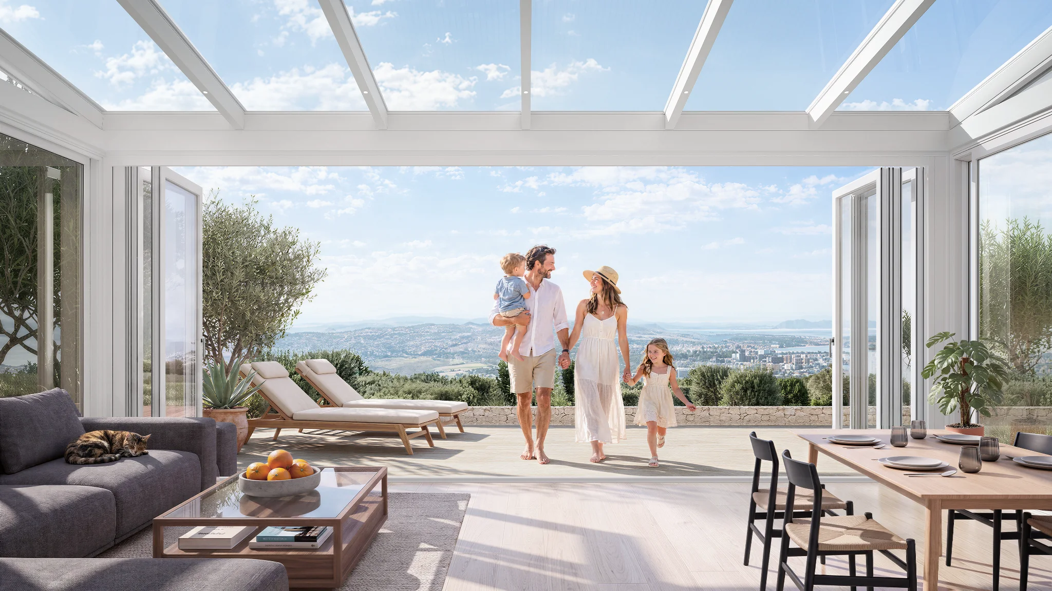Heller Sunparadise Wintergarten mit Familie und Blick in die Landschaft